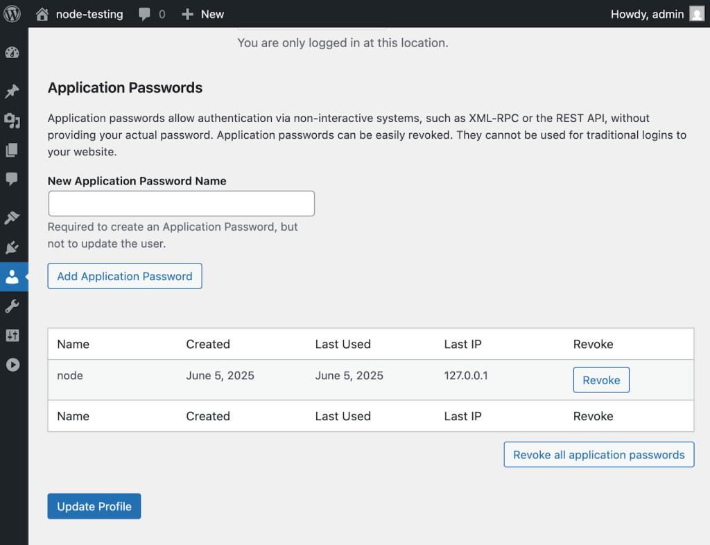 Post to WordPress Node.js application password
